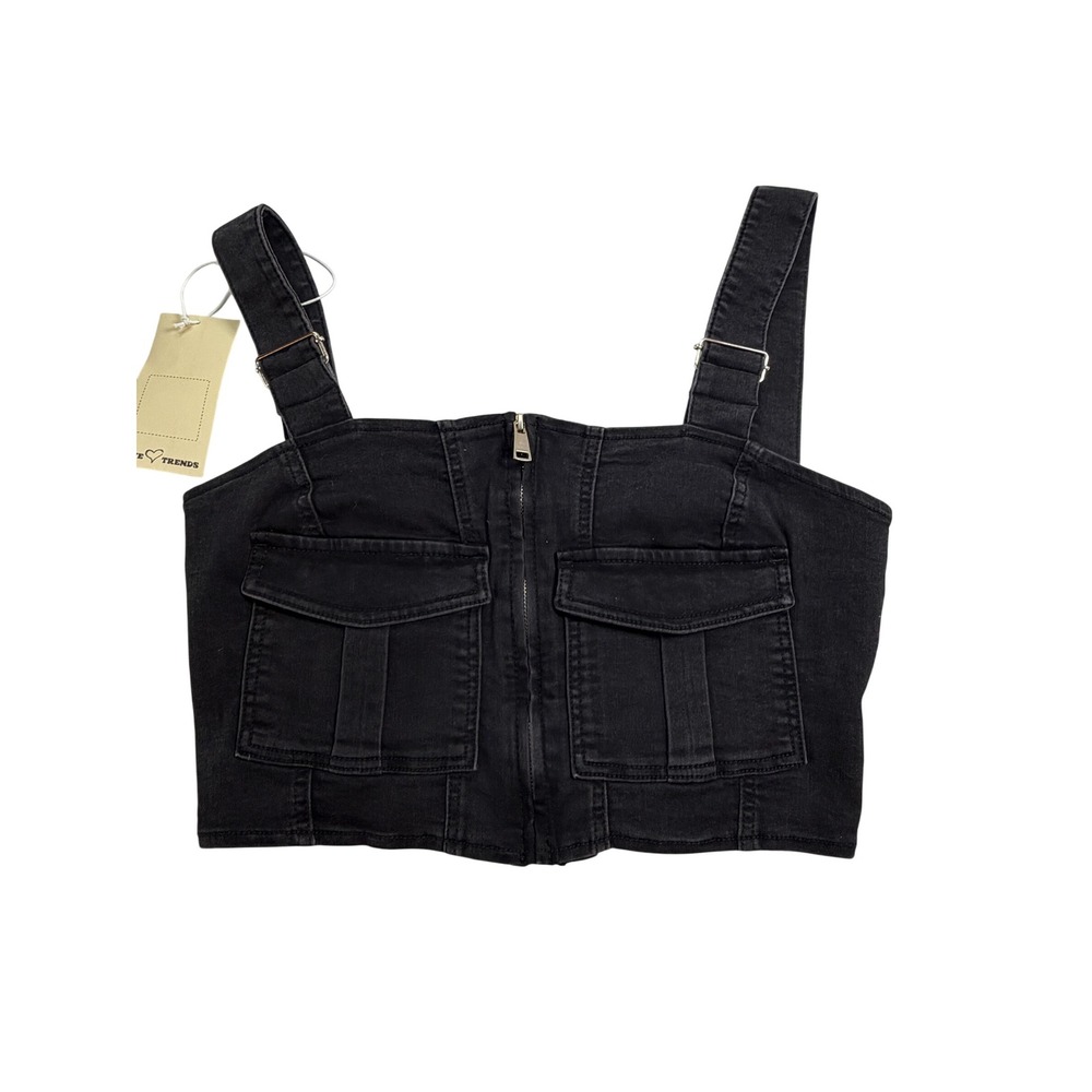 NWT  Love Trends Black Denim Y2K Crop Top Zip Front Adjustable Strap Size M